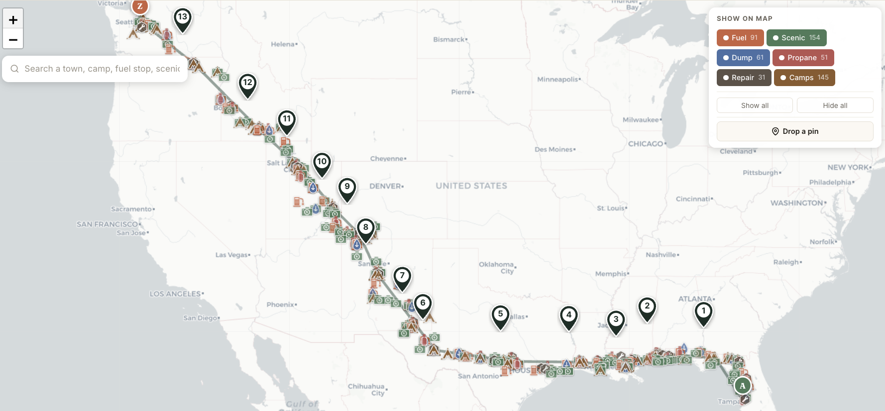 Full continental Tampa-to-Seattle route shown on a single map with all POIs along the way