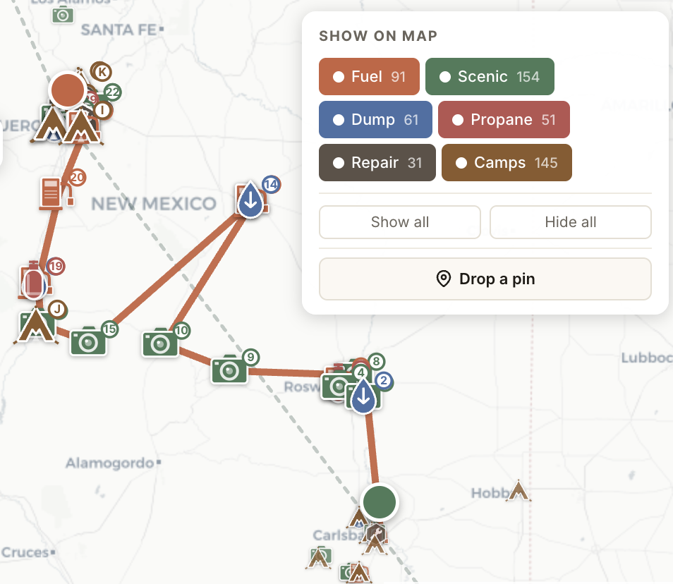 Regional map zoom showing route through New Mexico with POI category legend
