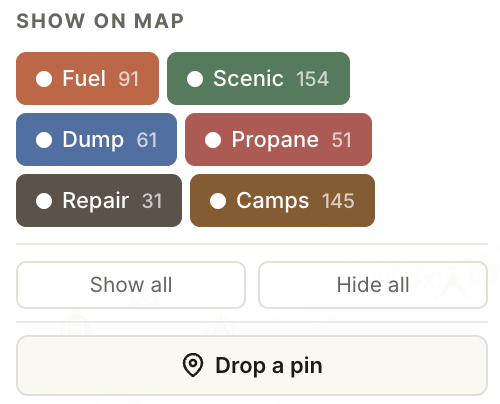 POI category filter chips: Fuel, Scenic, Dump, Propane, Repair, Camps