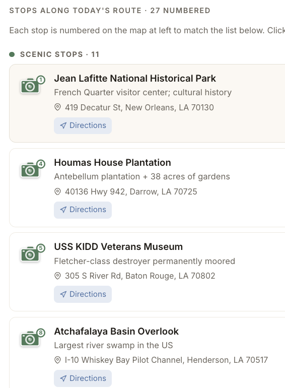 List of scenic stops along Travel Day 4 with addresses and directions