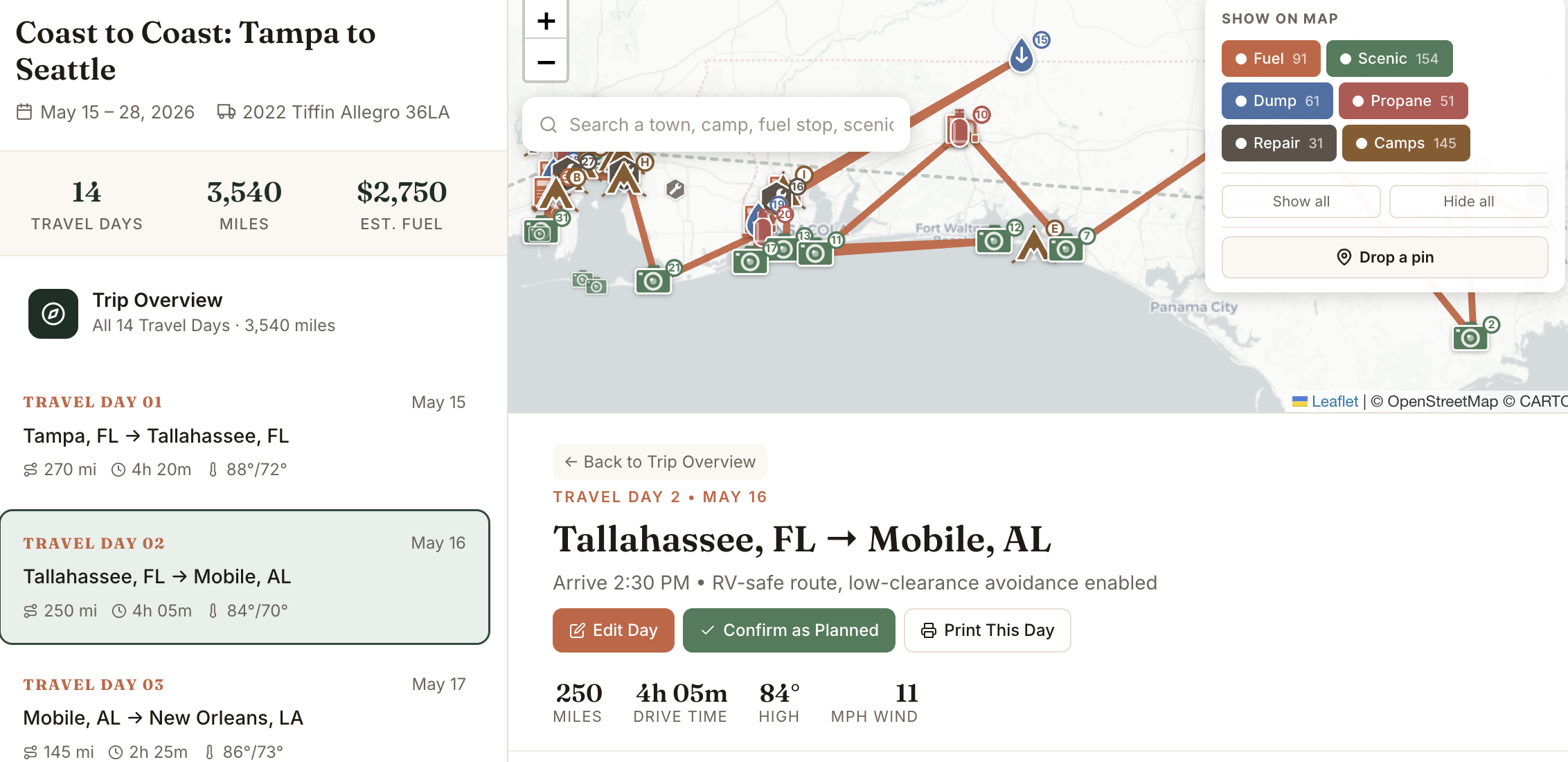 Travel Days directory and trip map showing the Tampa-to-Seattle Coast to Coast trip